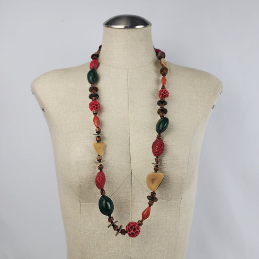 Vintage Wood Nut Coral Schell Colorful Bead Necklace