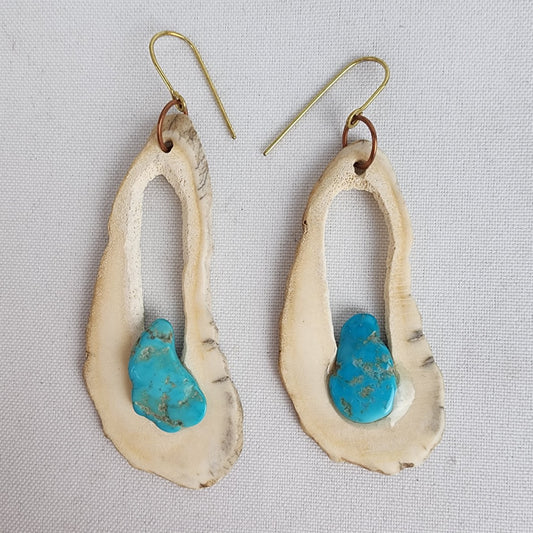 Turquoise Inlaid Caribou Antler Statement Drop Earrings