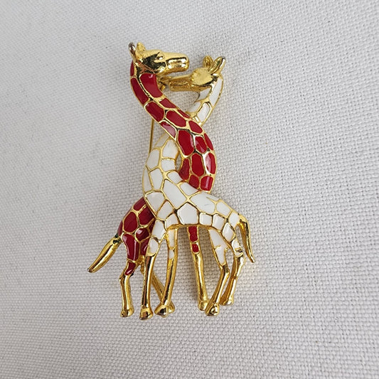 Vintage Giraffe Couple Red & White Brooch