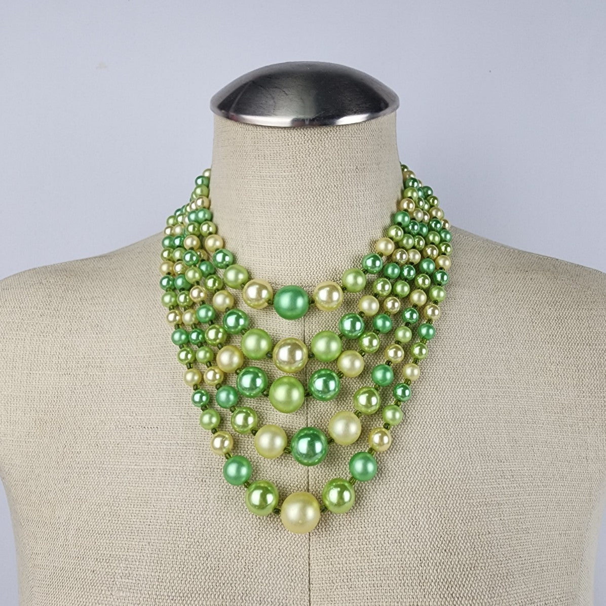 Vintage Green Graduated Glass Layered 5 Strand Necklace