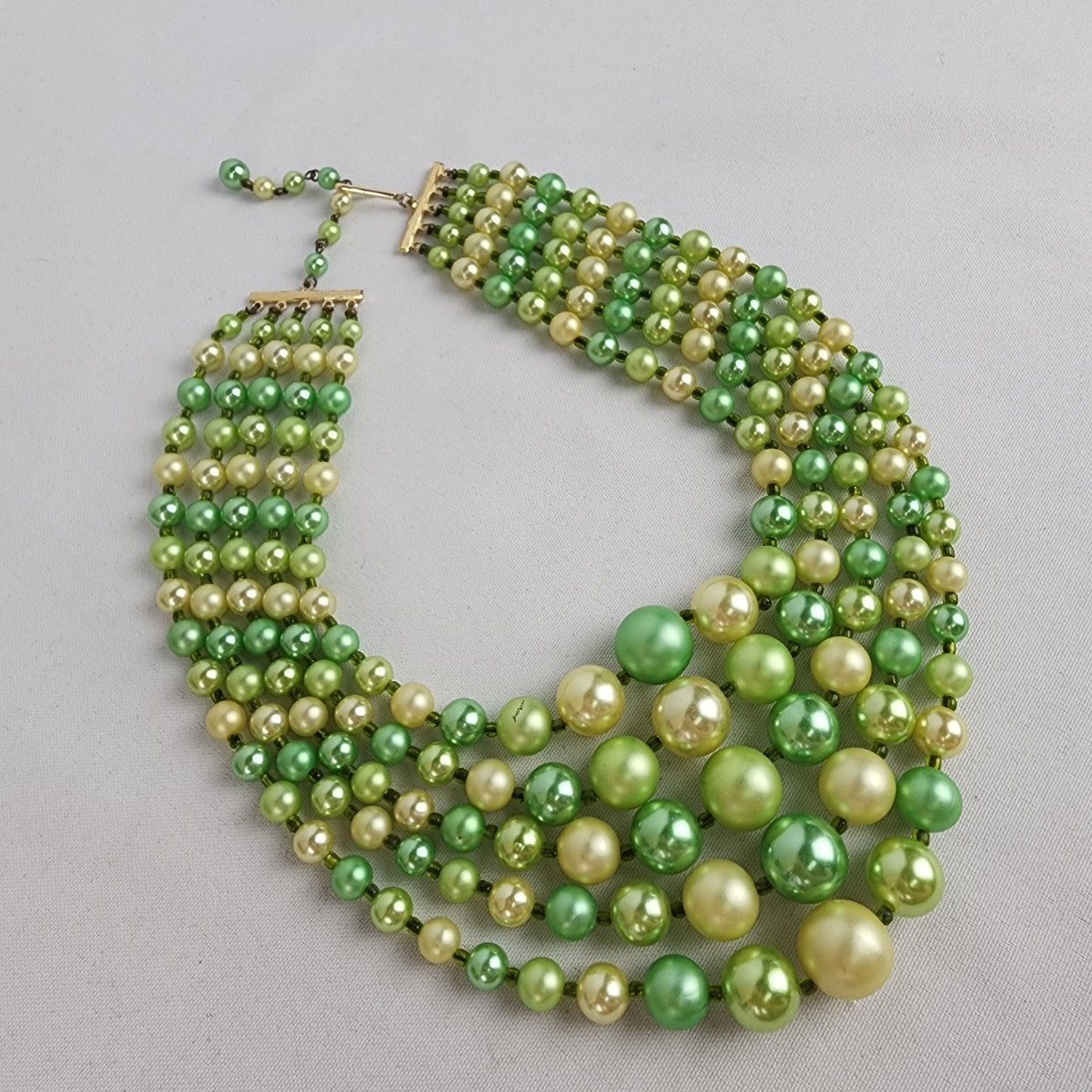 Vintage Green Graduated Glass Layered 5 Strand Necklace