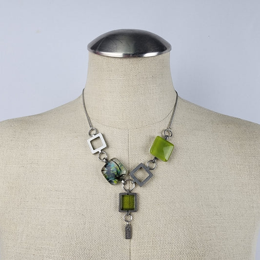 Silver & Green Glass Y Necklace