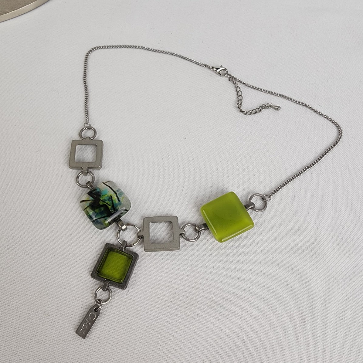 Silver & Green Glass Y Necklace