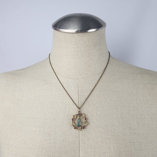 Vintage Gold Seed Pearl Aqua Gem Stone Floral Pendant Chain Necklace