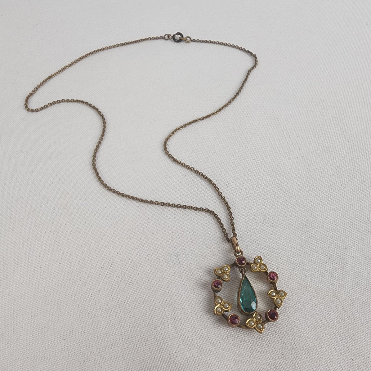 Vintage Gold Seed Pearl Aqua Gem Stone Floral Pendant Chain Necklace