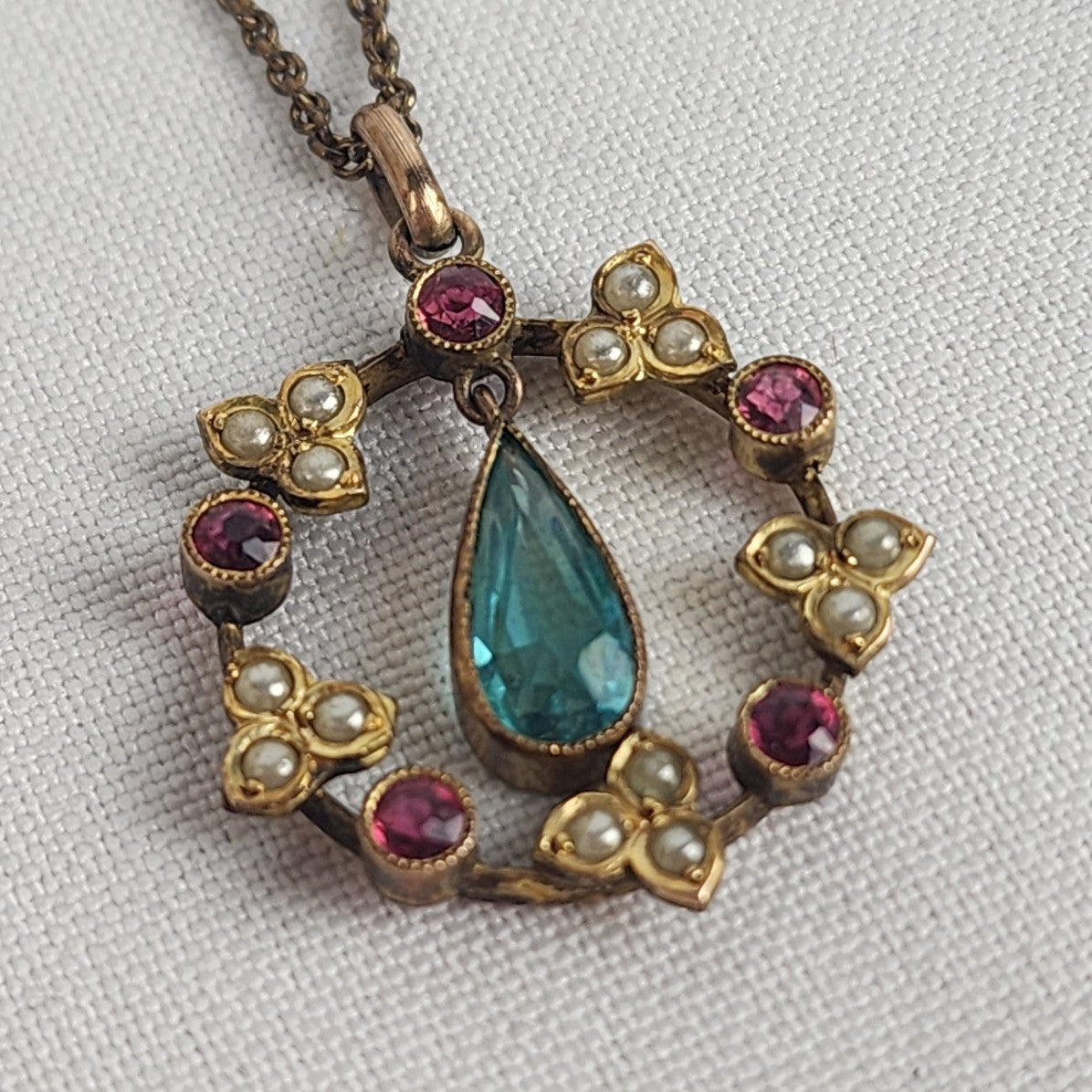 Vintage Gold Seed Pearl Aqua Gem Stone Floral Pendant Chain Necklace