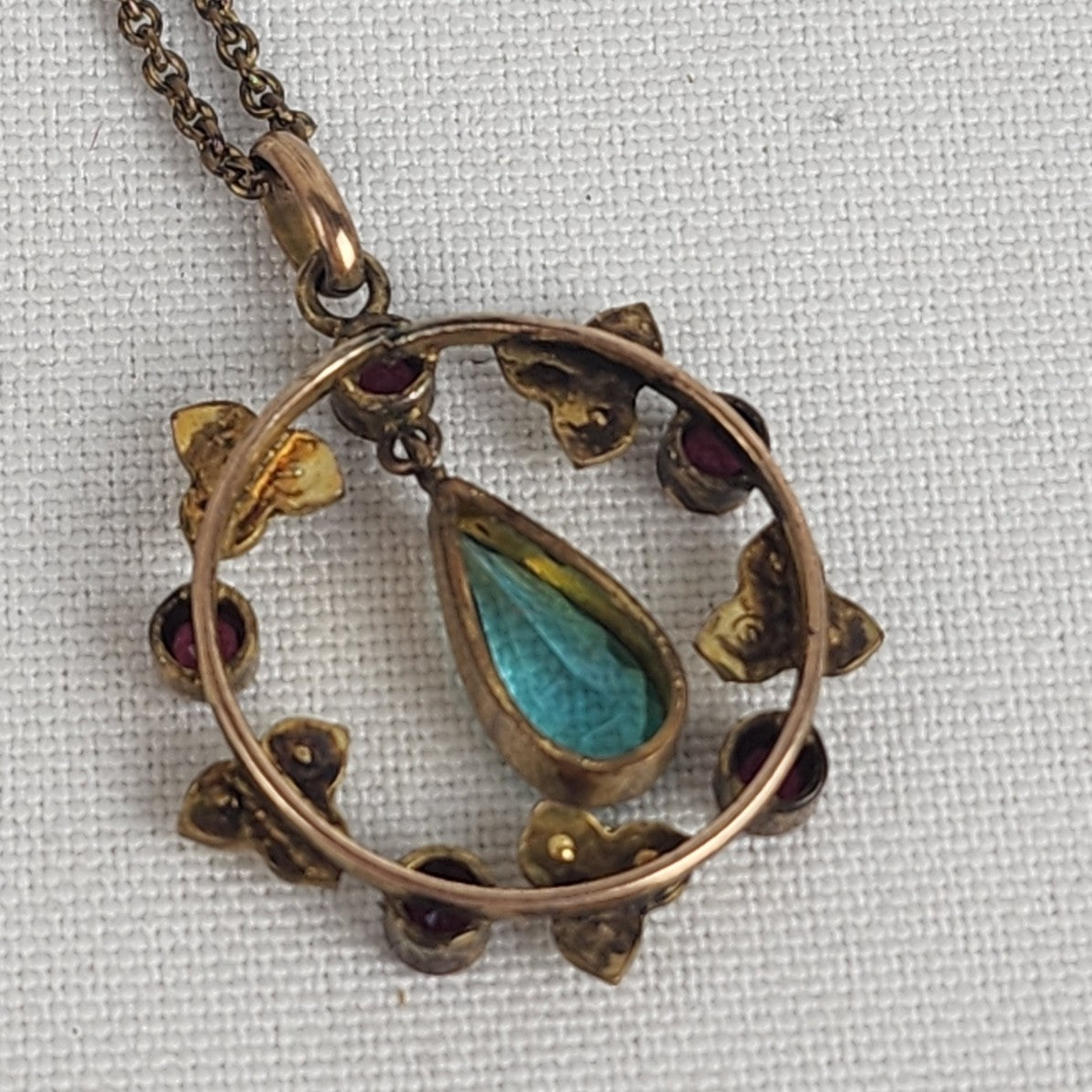 Vintage Gold Seed Pearl Aqua Gem Stone Floral Pendant Chain Necklace