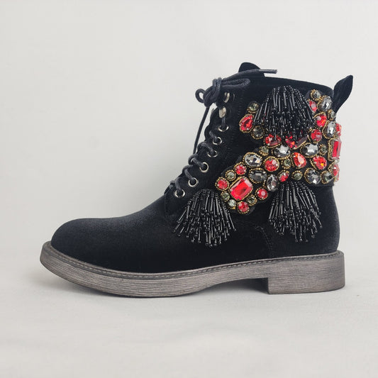 Little Empresses Black Velvet Red Studded Beaded Fringe Boots Size 8.5