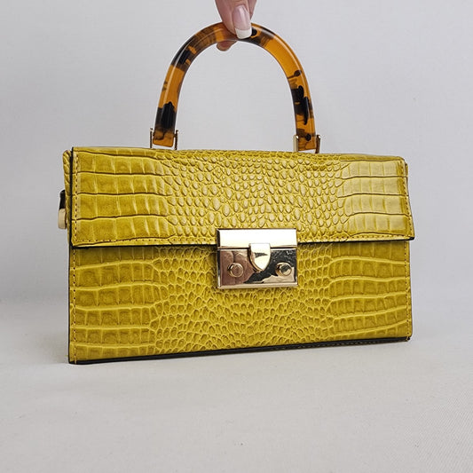 Yellow Tortoise Schell Top Handle Clutch Box Purse