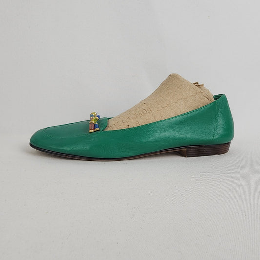 Vintage Unisa Green Leather Beaded Ballet Flats Size 6.5