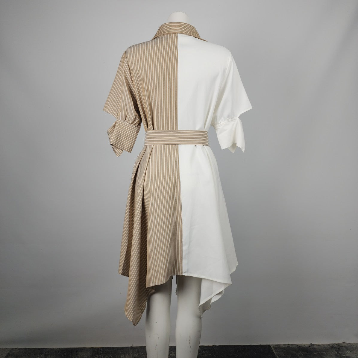 Gracia Brown Stripped Handkerchief Hem Collared Dress Size M