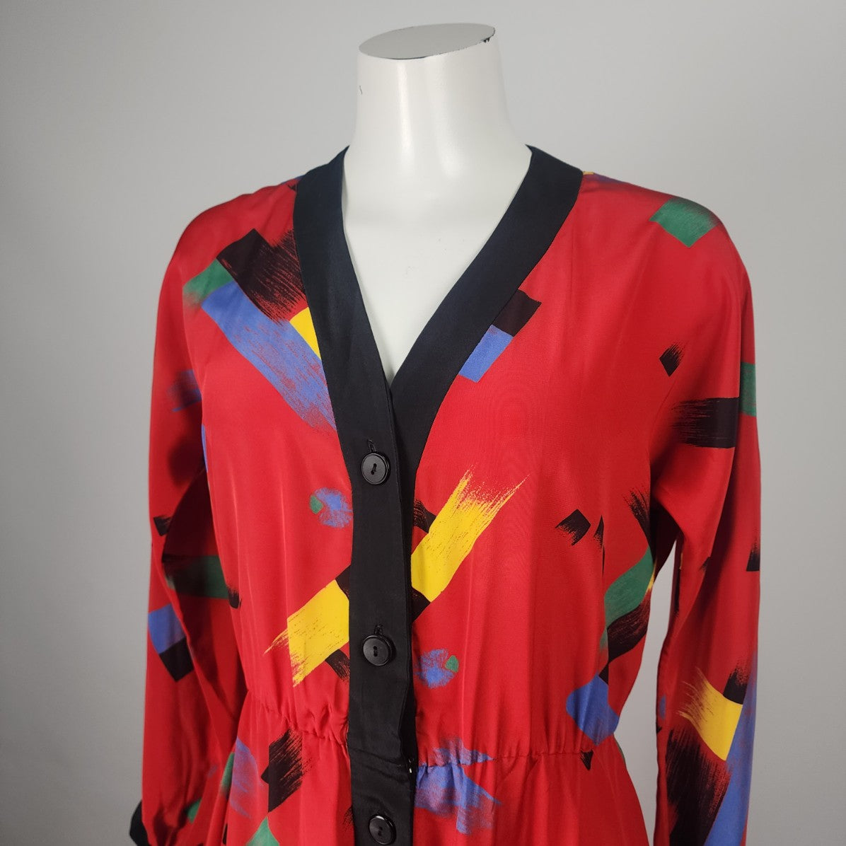 Vintage Red Abstract Pint Button Up Fit & Flare Midi Dress Size S/M