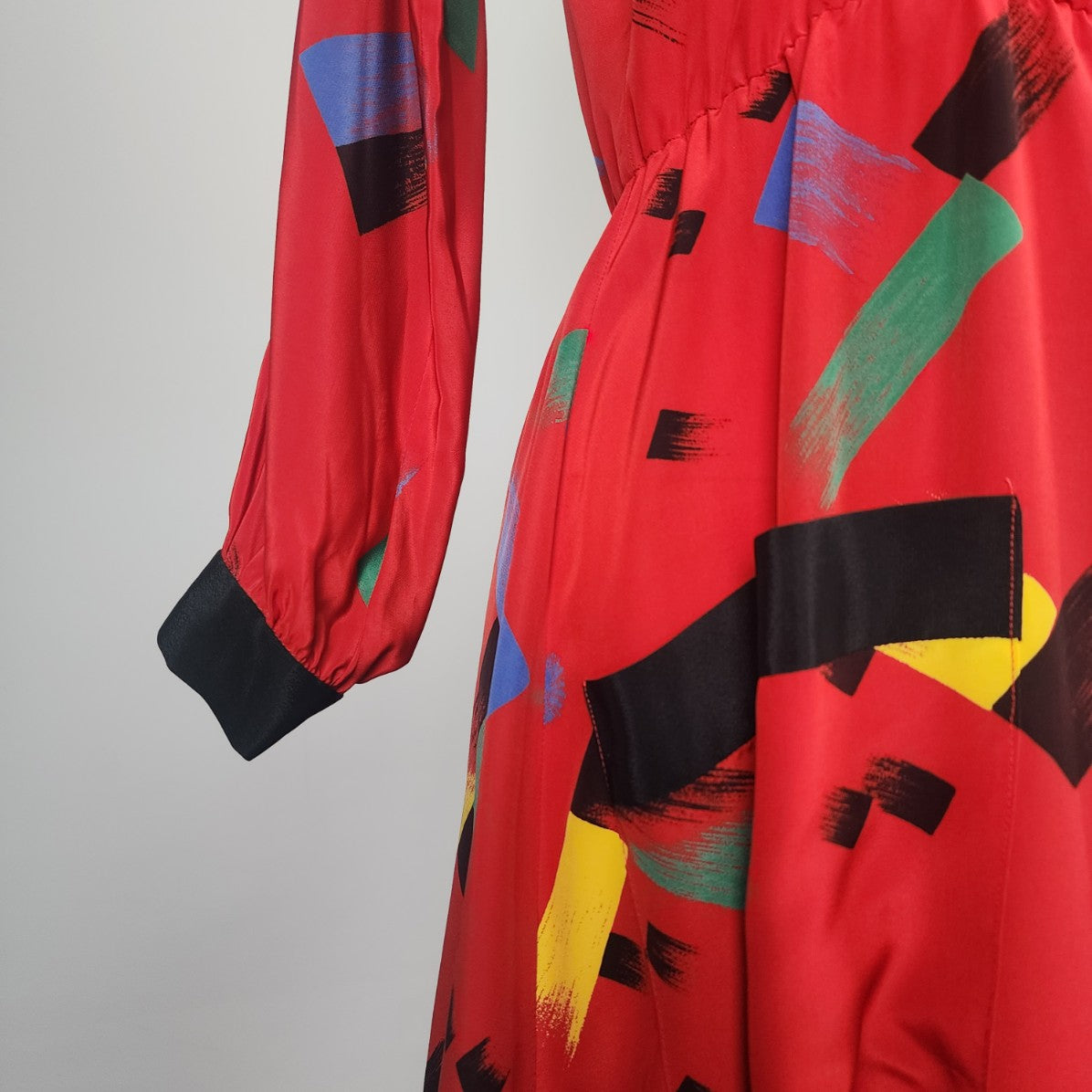 Vintage Red Abstract Pint Button Up Fit & Flare Midi Dress Size S/M