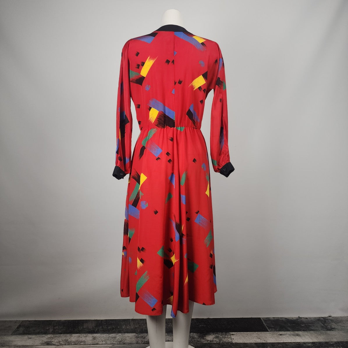 Vintage Red Abstract Pint Button Up Fit & Flare Midi Dress Size S/M