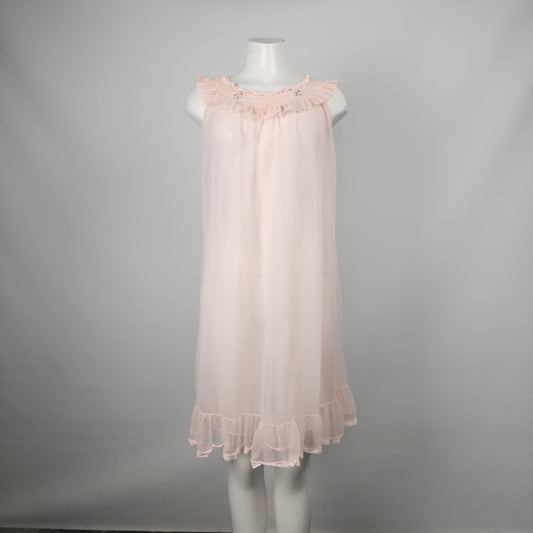 Vintage Pink Chiffon Lace Trim Night Gown Lingerie Dress Size M/L