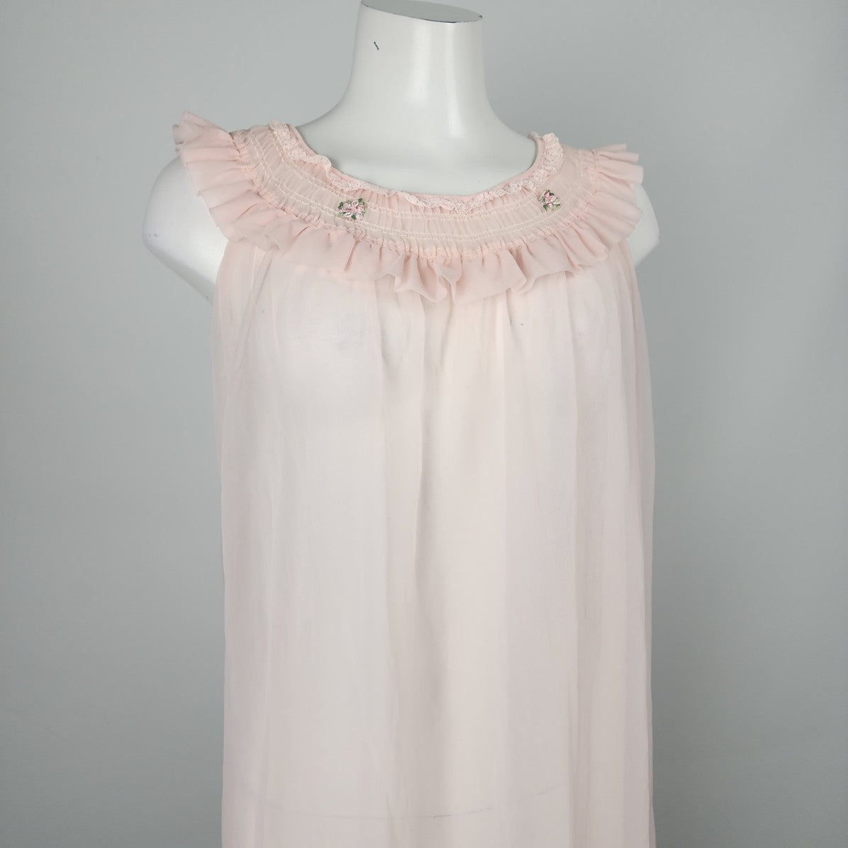 Vintage Pink Chiffon Lace Trim Night Gown Lingerie Dress Size M/L