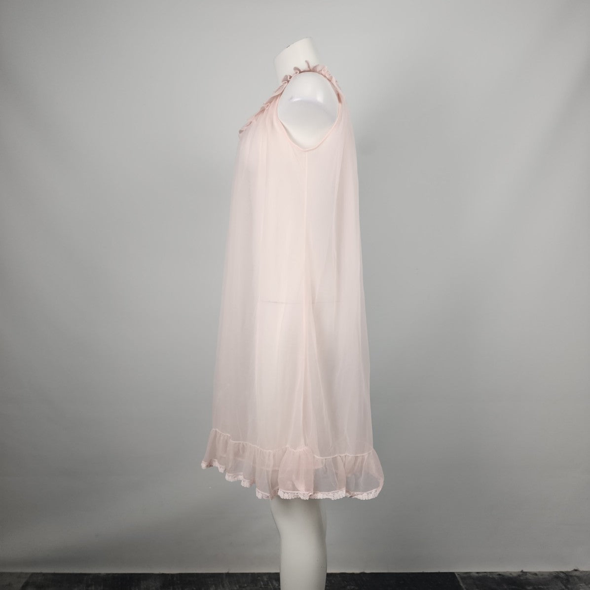 Vintage Pink Chiffon Lace Trim Night Gown Lingerie Dress Size M/L