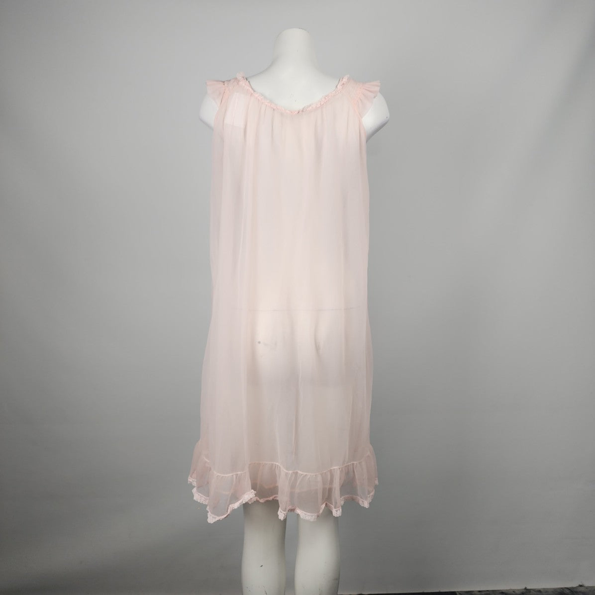 Vintage Pink Chiffon Lace Trim Night Gown Lingerie Dress Size M/L