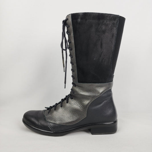 Naot Black & Grey Leather Lace Up Boots Size 8.5