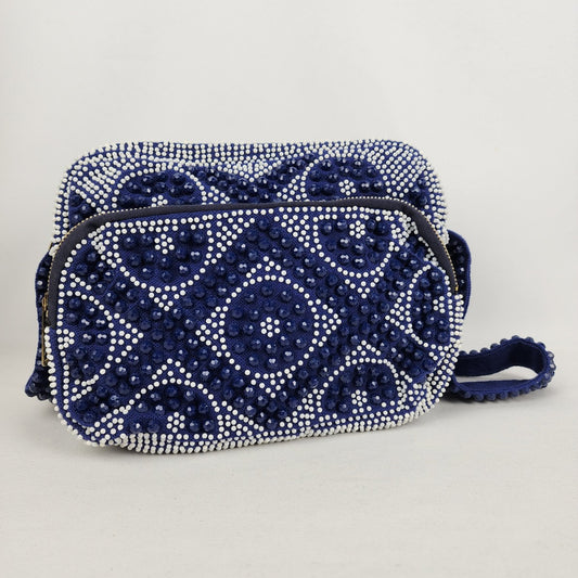 Vintage Hong Kong Blue & White Beaded Zip Up Shoulder Purse