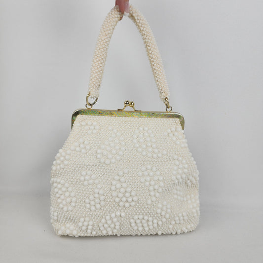 Vintage Hong Kong White Beaded Kiss Close Purse