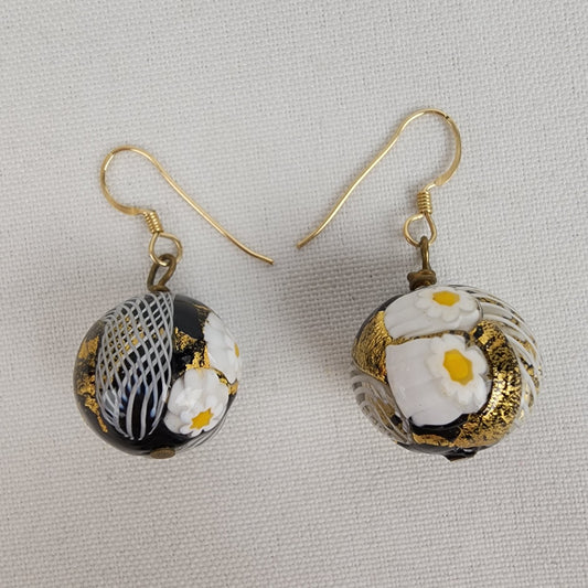 Glass Black & Gold Floral Bead Earrings