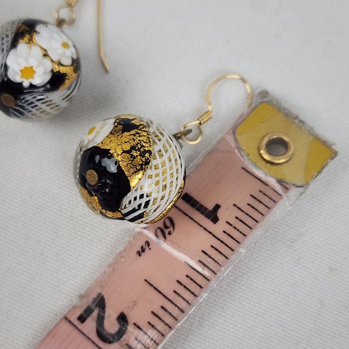 Glass Black & Gold Floral Bead Earrings