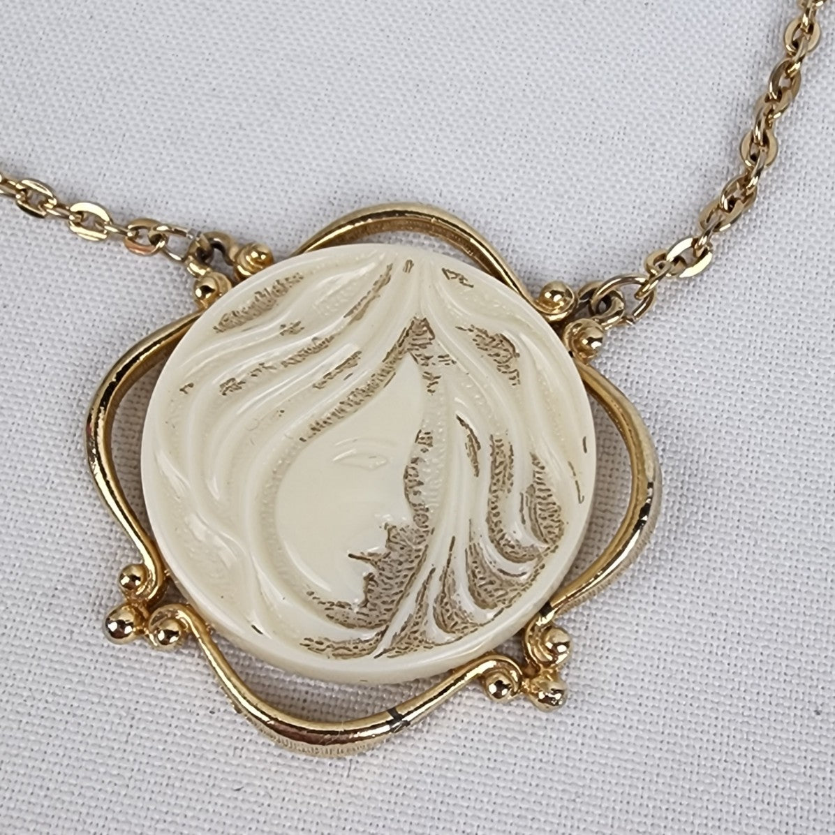 Vintage Sarah Coventry Cream Carved Womens Face Pendant Necklace