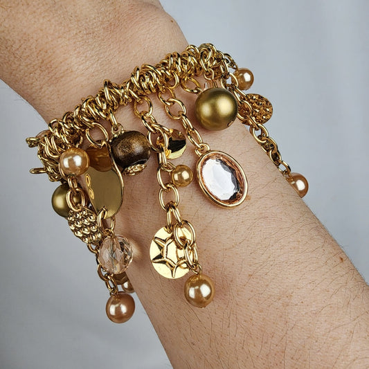 Vintage Gold Tone Charm Stretch Bracelet