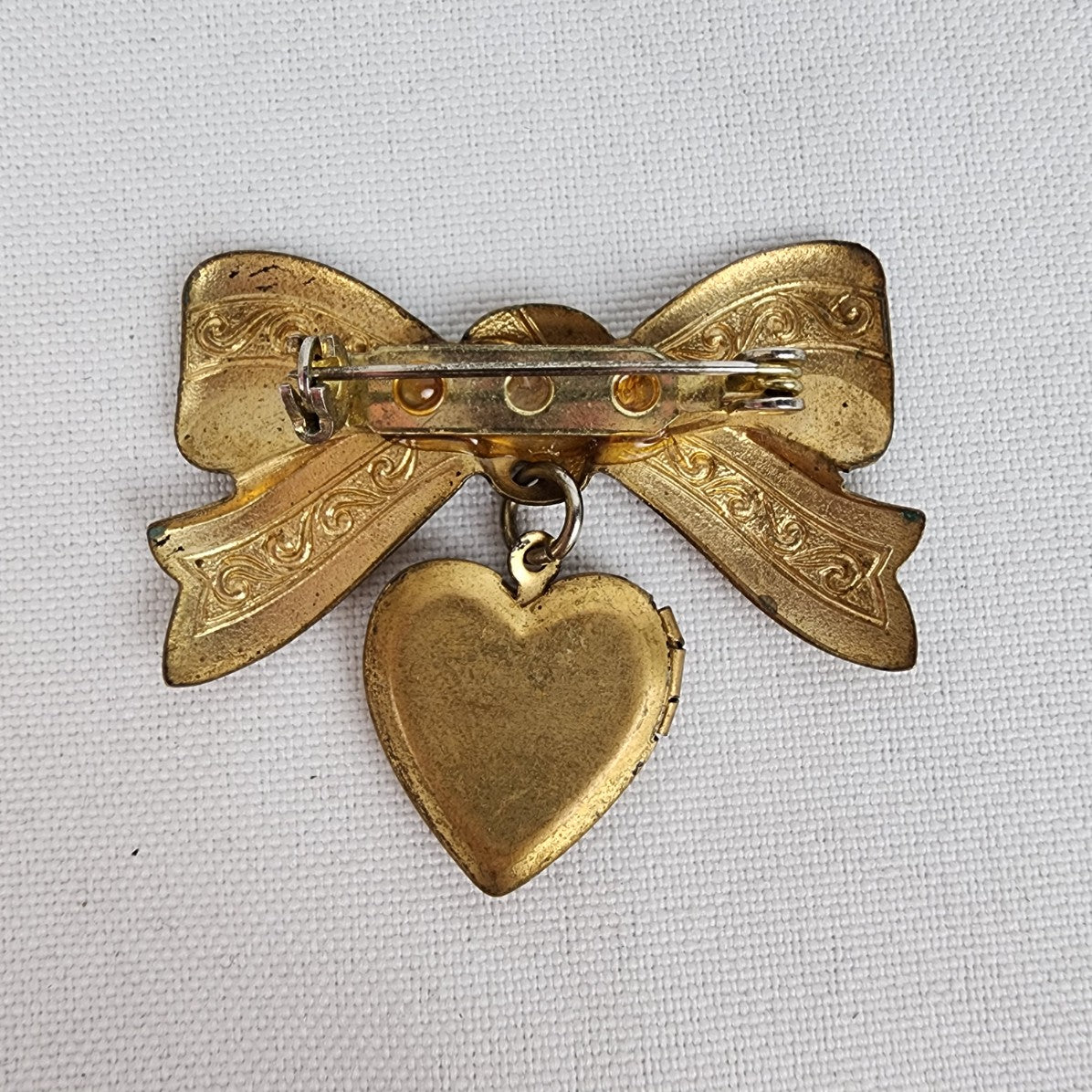 Vintage Gold Tone Bow Locket Pendant Brooch