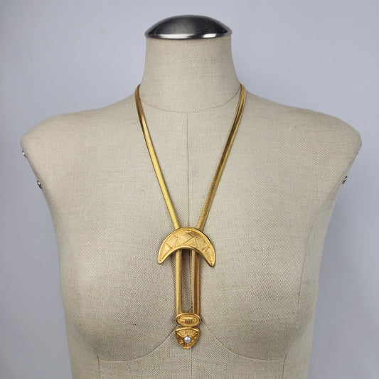 Vintage Gold Tone Snake Chain Aztec Pendant Necklace