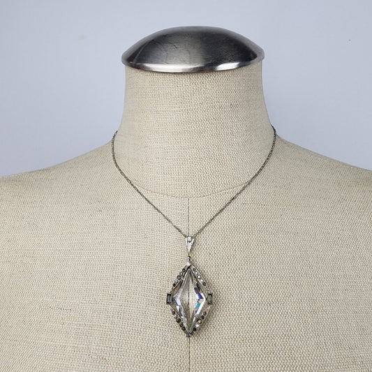 Vintage Art Deco Cut Crystal Silver Tone Pendant Chain Necklace