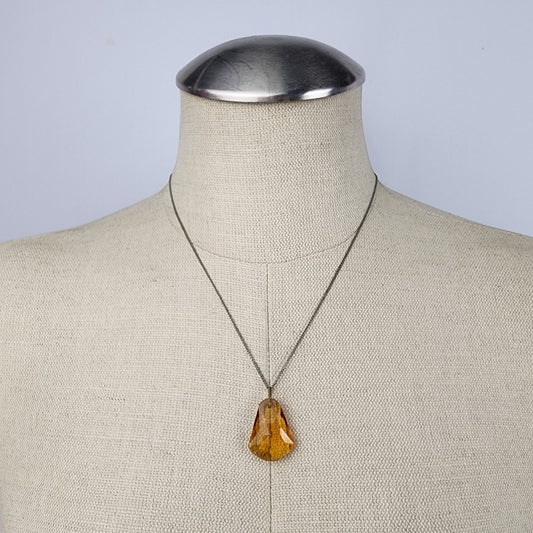 Vintage Sterling Silver Cut Amber Glass Pendant Chain Necklace