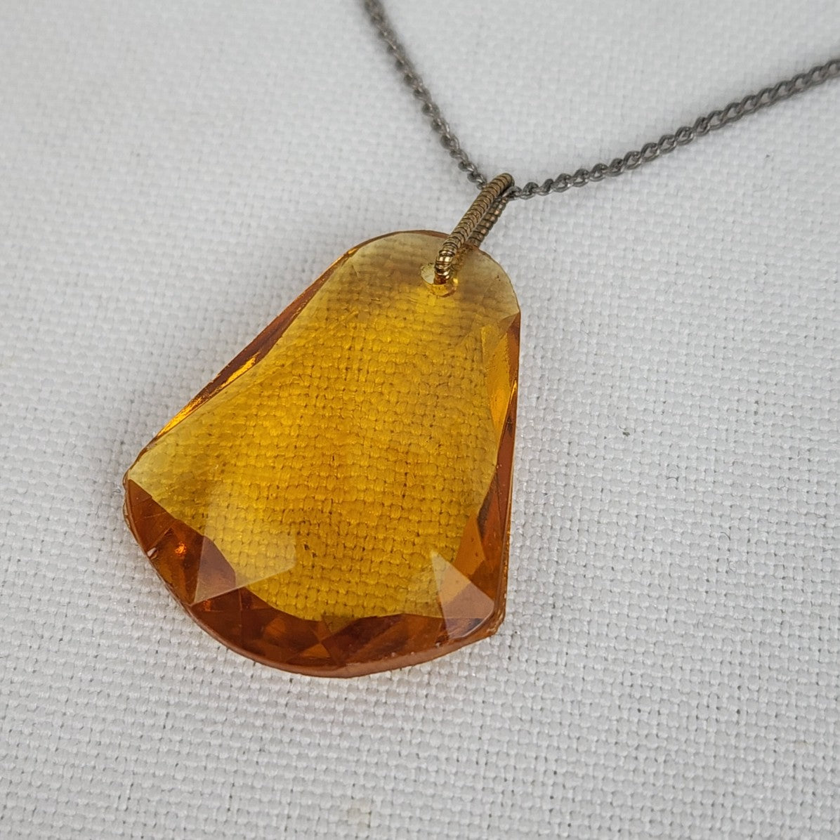 Vintage Sterling Silver Cut Amber Glass Pendant Chain Necklace