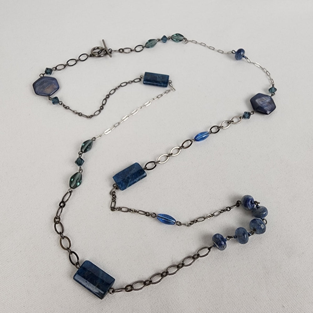 Blue Polished Natural Stone Black Chain Toggle Necklace