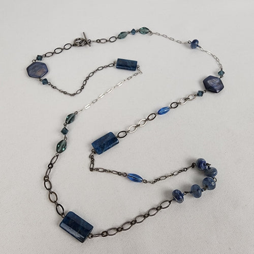 Blue Polished Natural Stone Black Chain Toggle Necklace