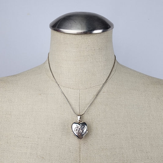 925 Sterling Silver Etched Flower Double Sided Heart Locket Necklace