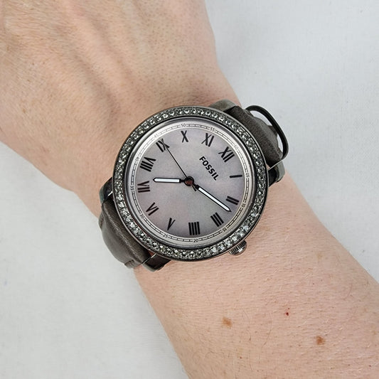 Fossil Mother of Pearl Roman Crystal Bezel Grey Leather Band Watch