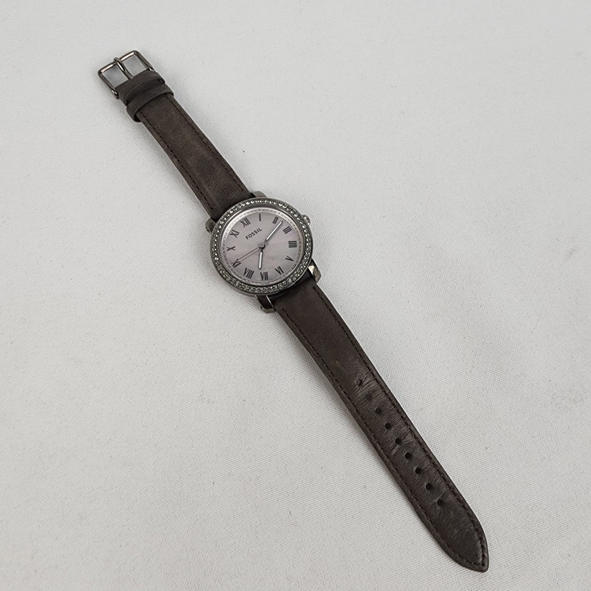 Fossil Mother of Pearl Roman Crystal Bezel Grey Leather Band Watch