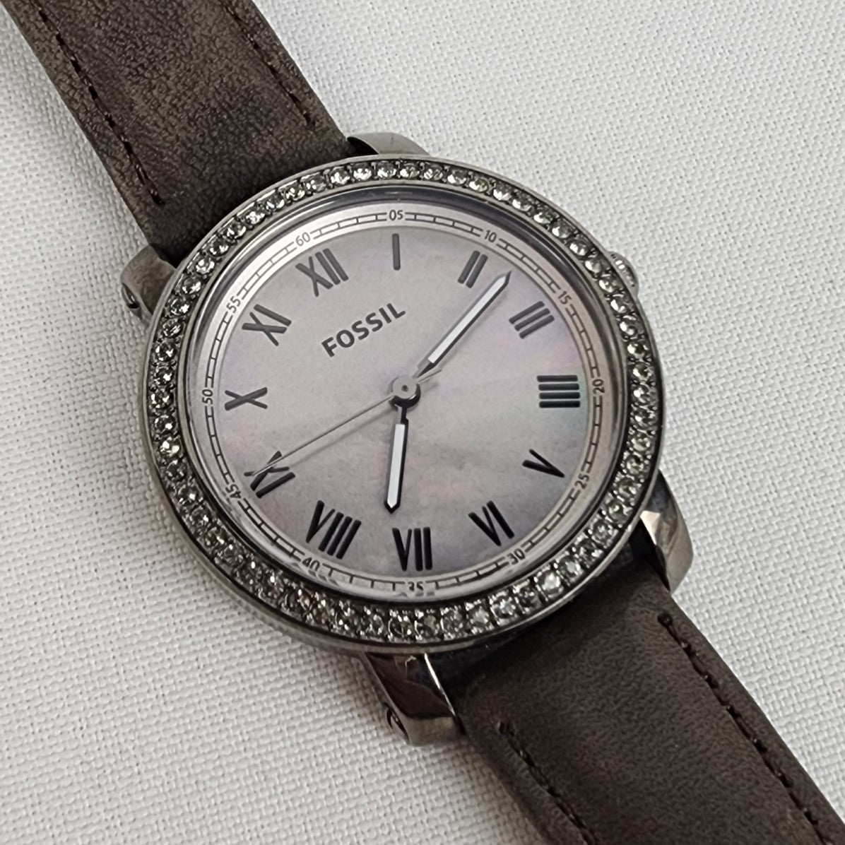 Fossil Mother of Pearl Roman Crystal Bezel Grey Leather Band Watch