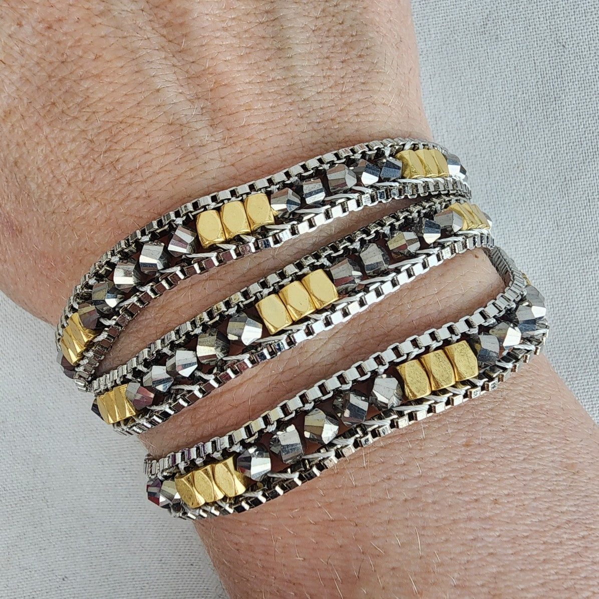 Stella & Dot Luna Gold & Silver Tone Beaded Metallic Wrap Bracelet