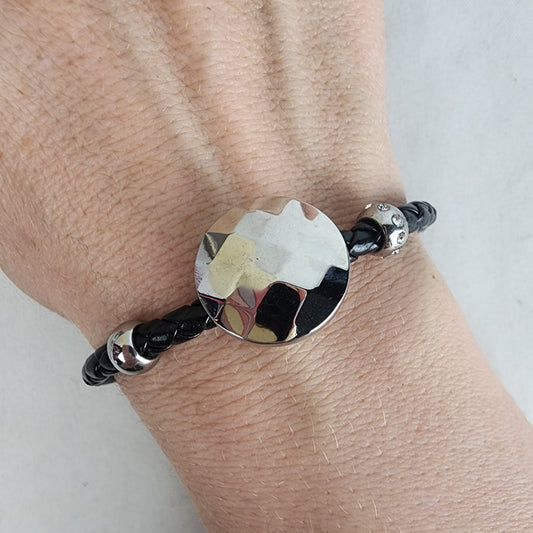 Black Cord Silver Faceted Medallion Magnetic Bracelet