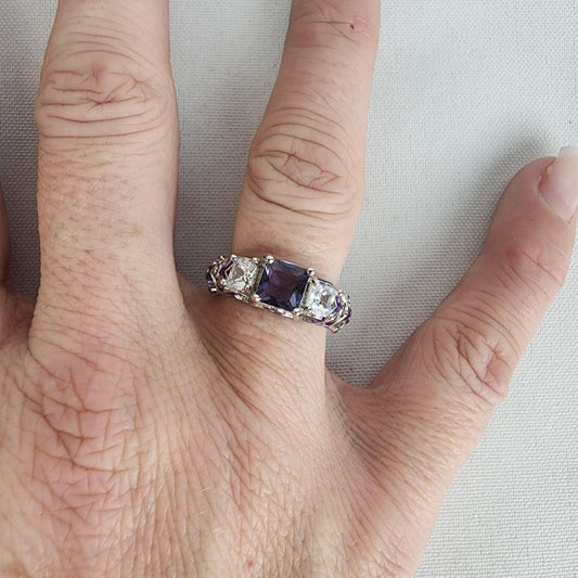 925 Sterling Silver Purple Gemstone Filagree Ring Size 7