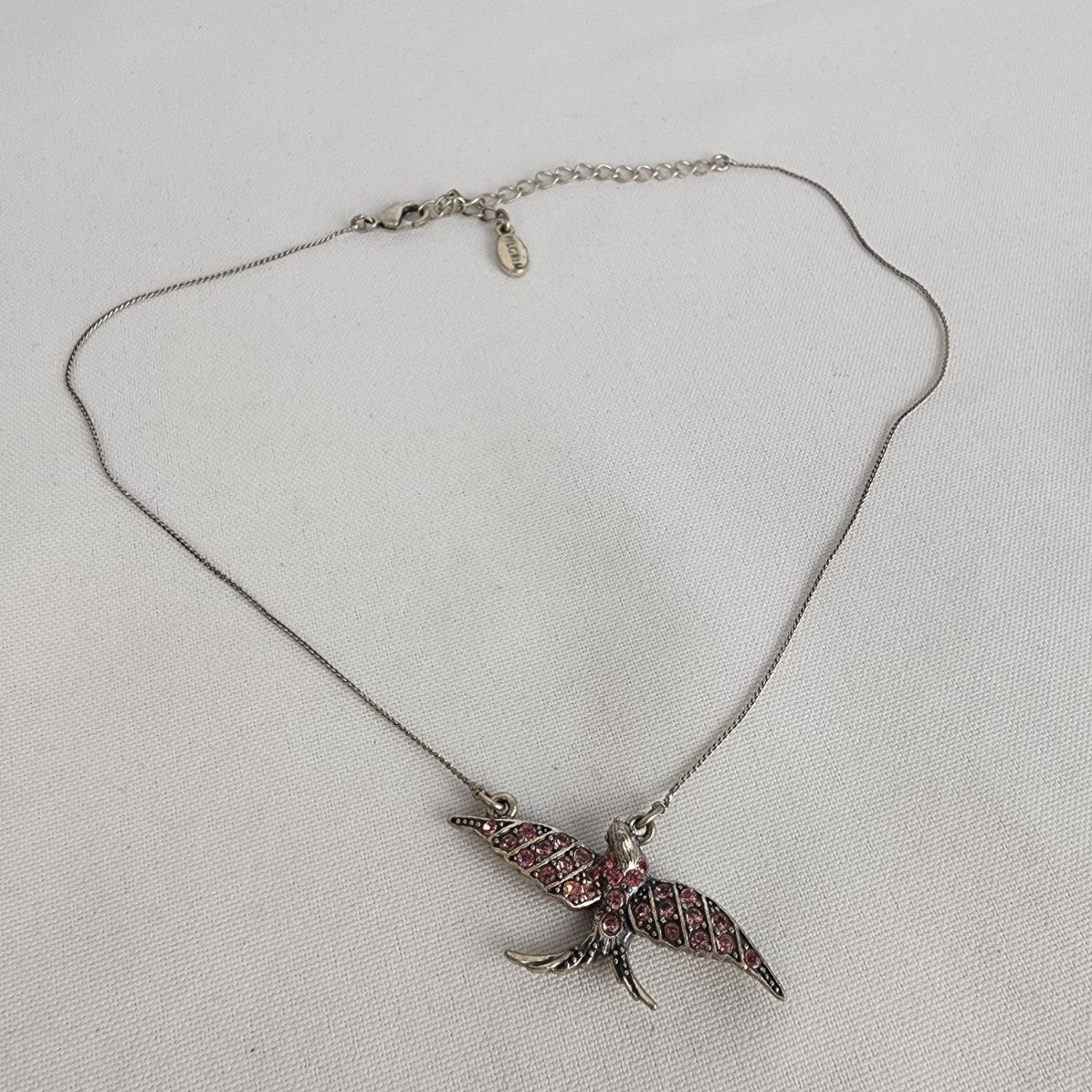 Pilgrim Silver Tone Pink Rhinestone Bird Pendant Necklace