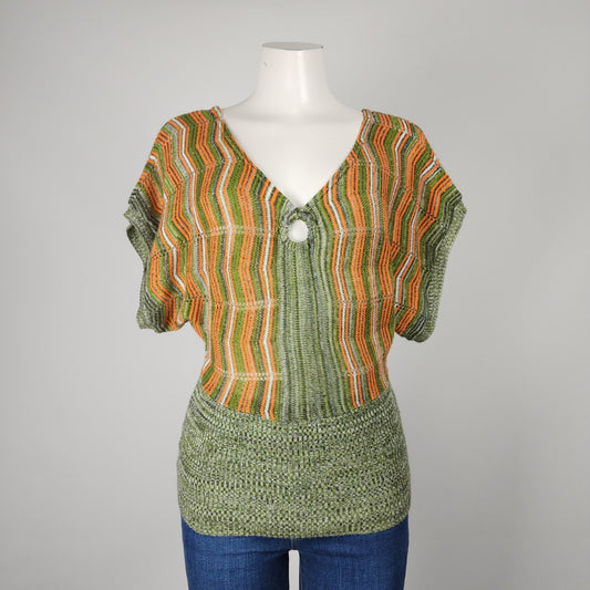 Vintage Green & Orange Knit Short Sleeve Sweater Size M