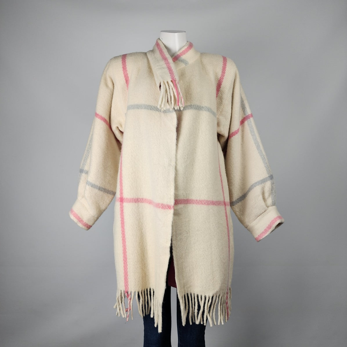 Vintage Berger Pledd Cream & Pink Plaid Blanket Jacket & Scarf Size S/M