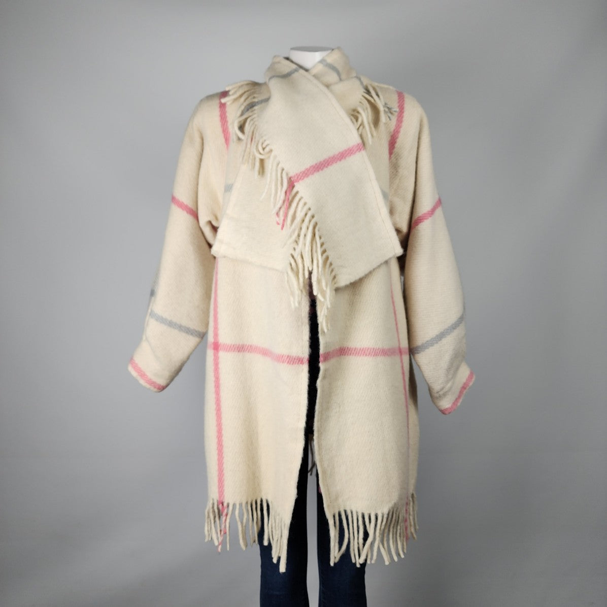 Vintage Berger Pledd Cream & Pink Plaid Blanket Jacket & Scarf Size S/M