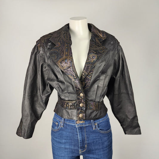 Vintage 80s Georgio Ferrini Black Leather Floral Suede Jacket Size S