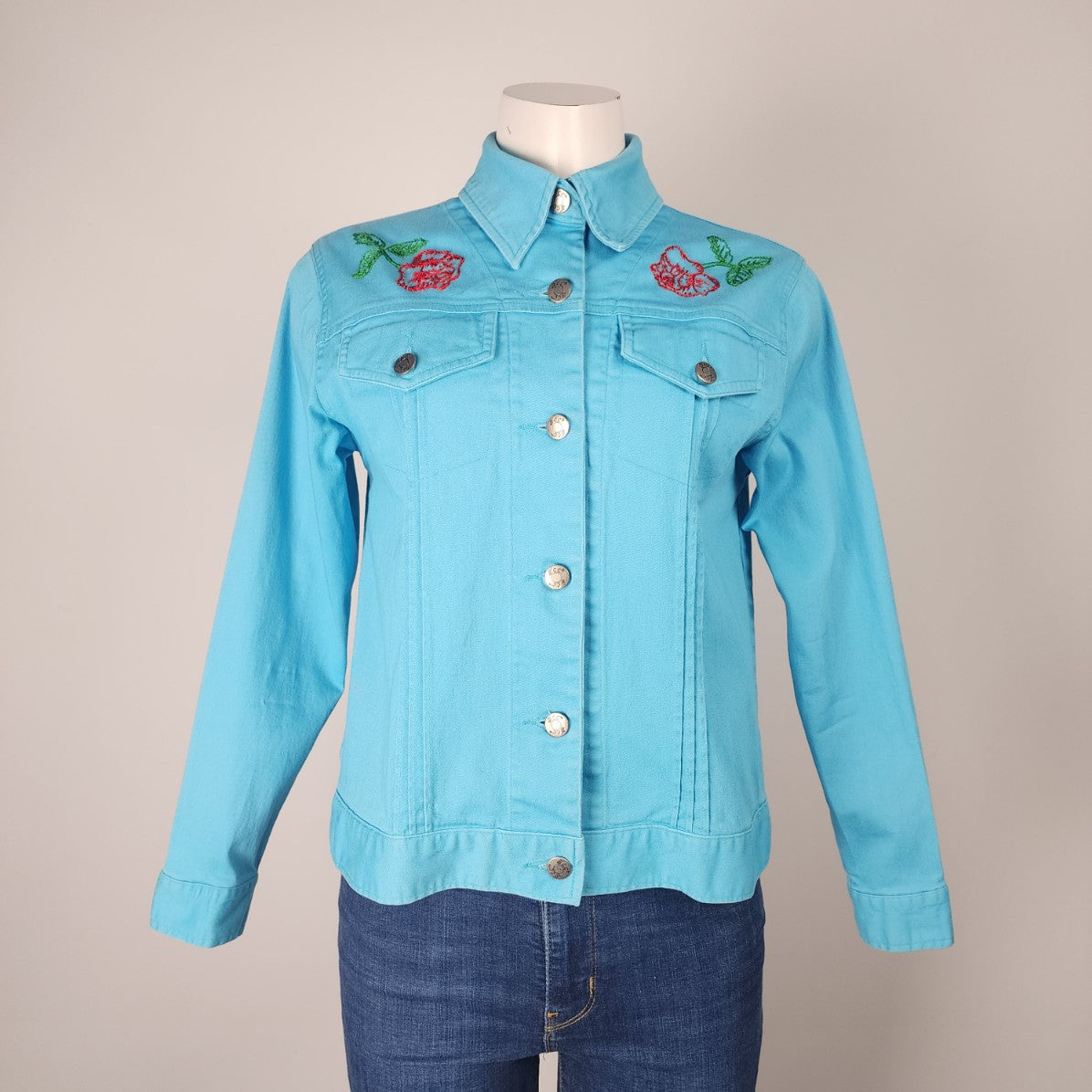 Tradition Country Collection Blue Cotton Embroidered Floral Button Up Denim Jacket Size 8