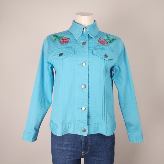 Tradition Country Collection Blue Cotton Embroidered Floral Button Up Denim Jacket Size 8